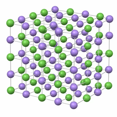 Alternating positive and negative ions arranged in a repeating lattice.
