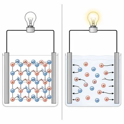 Solid ionic lattice does not conduct, while molten ions move and light a bulb.