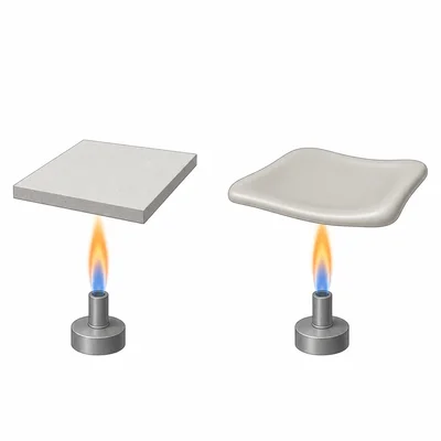 A ceramic tile stays rigid while a plastic tile softens under the same flame.