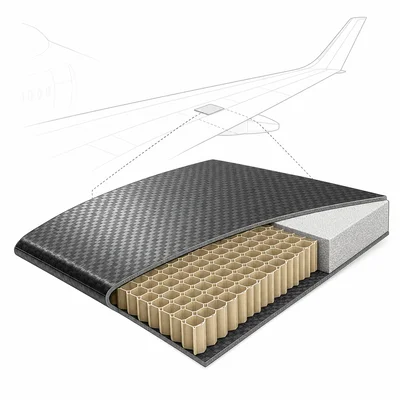 A lightweight composite aircraft panel with fiber skins and a honeycomb core.