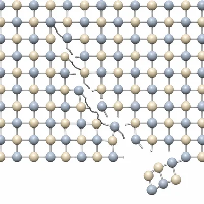 A rigid ceramic lattice with a crack and broken bonds showing brittle fracture.