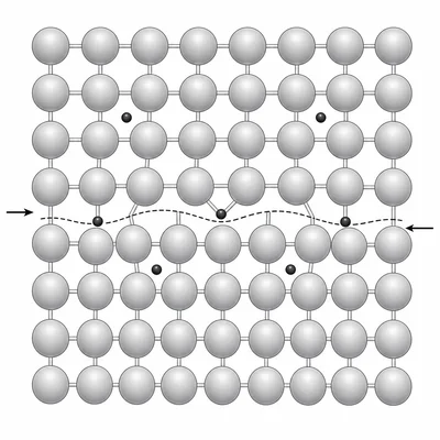 Small carbon atoms in gaps of an iron lattice blocking crystal slip.