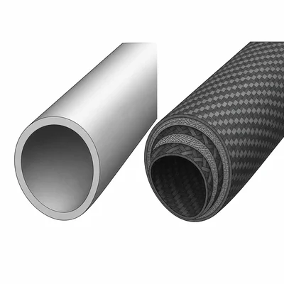 Cutaway comparison of a metal bicycle tube and a layered carbon fiber composite tube.