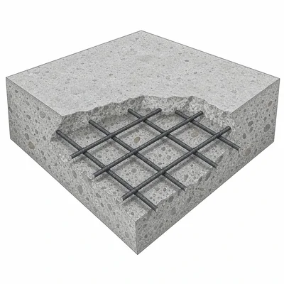 Reinforced concrete showing aggregate and embedded steel bars.