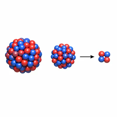 A large nucleus emits a small alpha particle made of two protons and two neutrons.