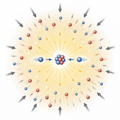 Hydrogen nuclei are compressed together in hot stellar plasma and fuse into a larger nucleus.