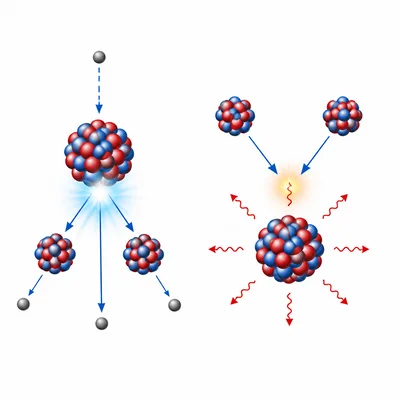 Side-by-side diagrams of nuclear fission and nuclear fusion.