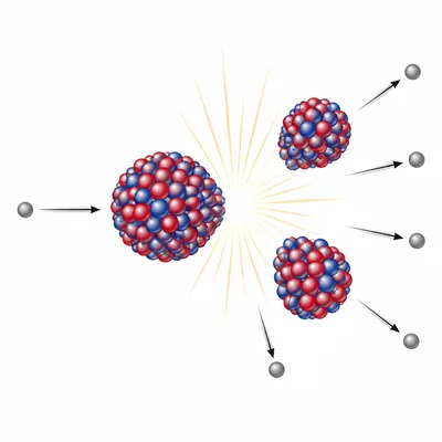 A neutron strikes a heavy nucleus, causing it to split and release more neutrons.