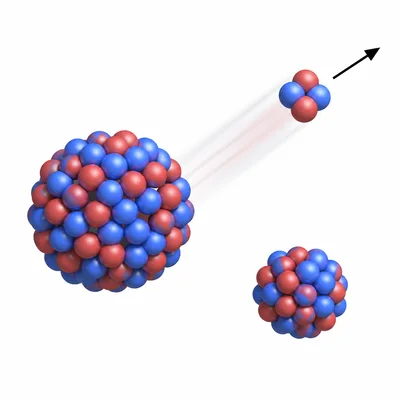 A radium-like nucleus emits an alpha particle and becomes a smaller daughter nucleus.