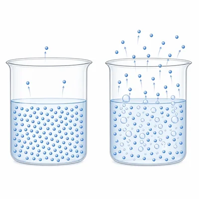 Two beakers comparing surface evaporation with boiling bubbles throughout a liquid.