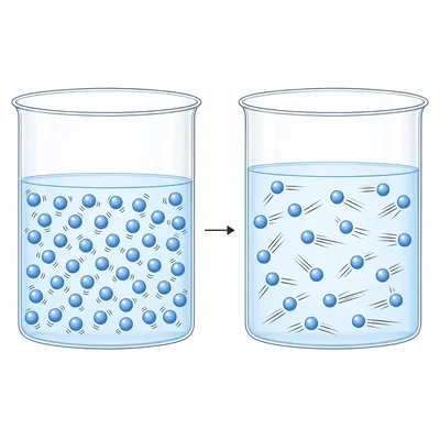 Liquid particles before and after heating, showing faster motion and slightly greater spacing.