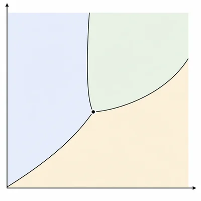 Phase diagram showing three phase boundaries meeting at one highlighted point.