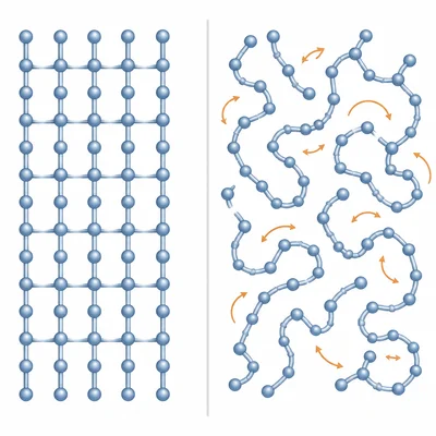 Polymer chains are rigid below glass transition and more mobile above it.