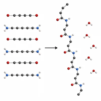 Two monomer types forming a nylon-like chain while small water molecules are released.