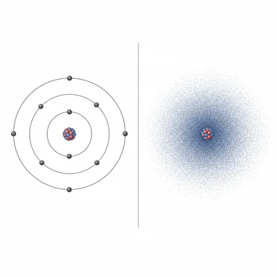Comparison of a Bohr atom with circular electron paths and a quantum atom with an electron cloud.