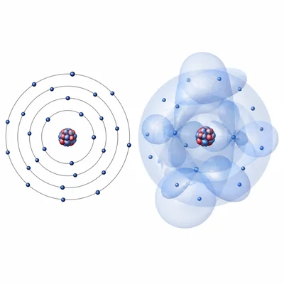 A many-electron Bohr-style atom compared with overlapping quantum orbital clouds.