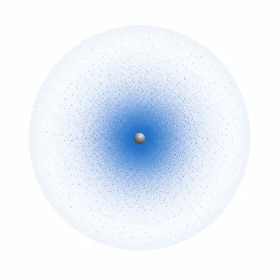 A spherical orbital shown as a diffuse electron probability cloud around a nucleus.