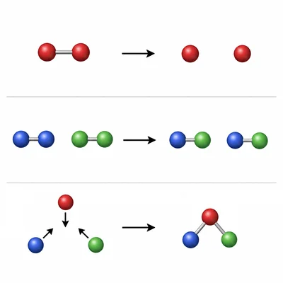 Diagram comparing one-particle, two-particle, and three-particle elementary reaction events.