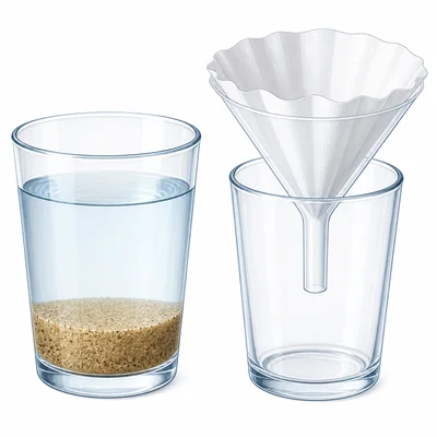 A cup with sand settled in water beside a funnel with filter paper.