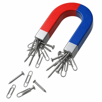 A magnet attracting metal nails and paper clips.