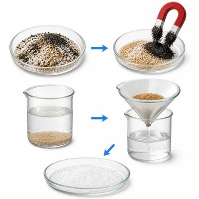 A visual sequence for separating iron filings, sand, and salt using a magnet, filtering, and evaporation.