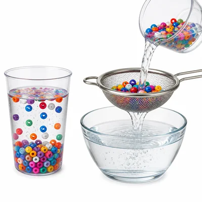 Plastic beads and water being separated with a strainer.