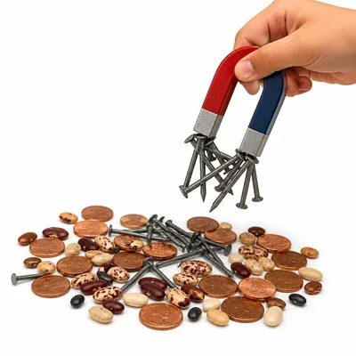 A magnet picking up iron nails from a pile with pennies and beans.