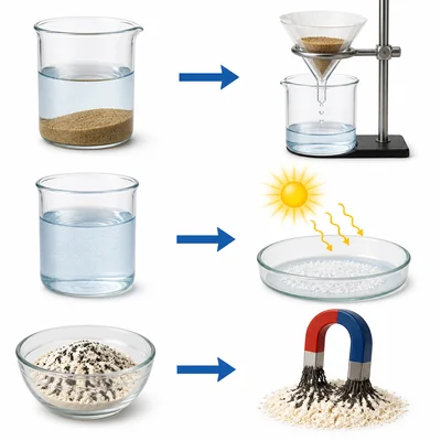 Three mixtures matched visually to filtering, evaporation, and magnetism.
