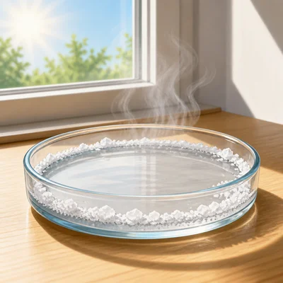 Salt water evaporating in a shallow dish, leaving salt crystals behind.