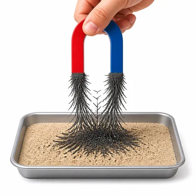 A magnet pulling iron filings out of sand.
