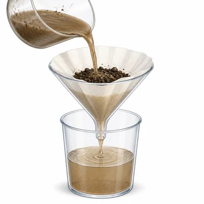 Muddy water passing through a filter, leaving some mud behind but still slightly brown.