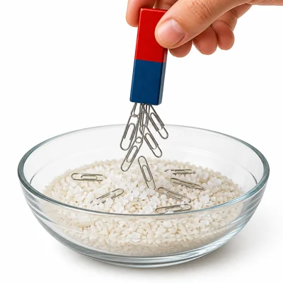 A magnet lifting paper clips from a mixture of rice and salt.