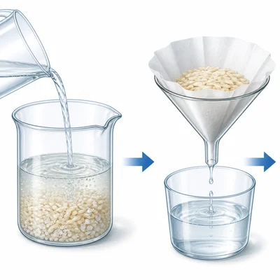 Rice and salt mixed with water, then filtered so rice stays behind and salt water passes through.