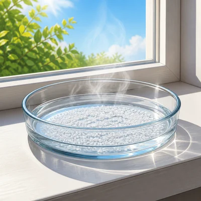 Sunlight evaporating water from a dish and leaving salt crystals.