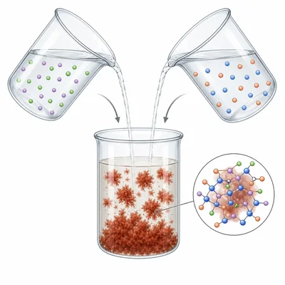 Mixing two solutions forms a reddish-brown gelatinous precipitate in a beaker.