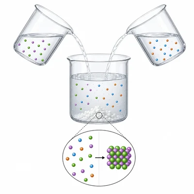 Two clear solutions are mixed, forming a cloudy white precipitate in a beaker.