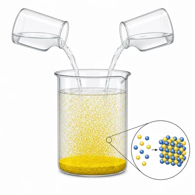Mixing two clear solutions produces a bright yellow precipitate in a beaker.