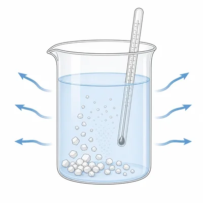 Crystals dissolving in water with cooling indicated around the beaker.