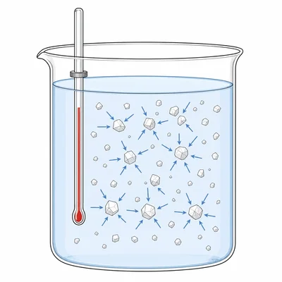 Dissolving crystals absorbing heat from surrounding water in a beaker.