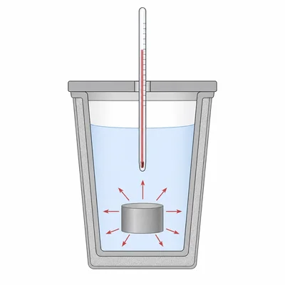 Metal sample submerged in water inside a calorimeter with heat arrows moving into the water.