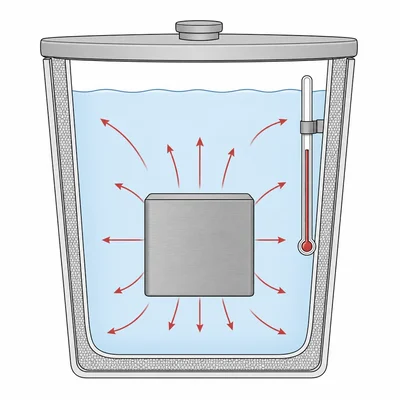 Hot metal in water transferring heat to the surrounding water in an insulated cup.