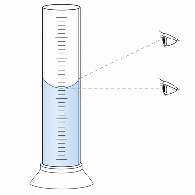 Meniscus diagram showing one eye at eye level and another above the meniscus, illustrating parallax error.