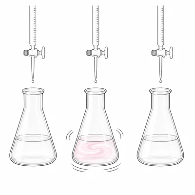 Three flasks show a colorless solution, a temporary faint pink swirl, and then colorless solution again.