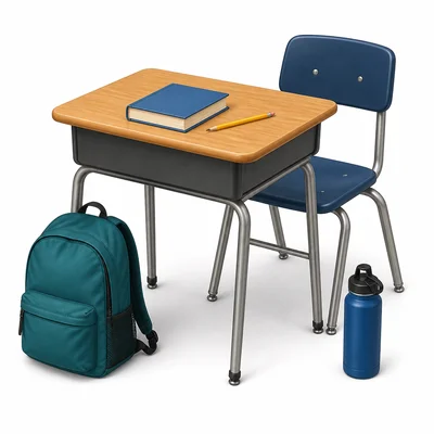 Classroom objects such as a desk, chair, book, pencil, backpack, and water bottle.