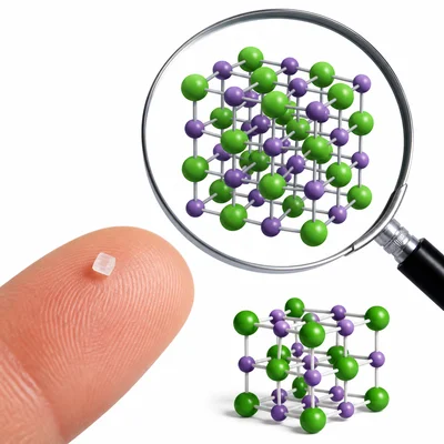 A salt grain with a magnified crystal particle model.