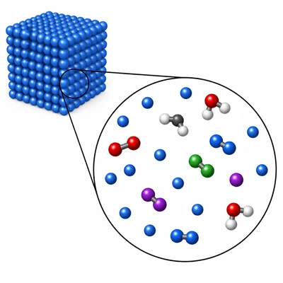 Matter shown as tiny atoms, with some atoms separate and some joined in molecules.
