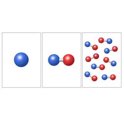 Three particle pictures: a single atom, joined atoms, and many joined particles together.