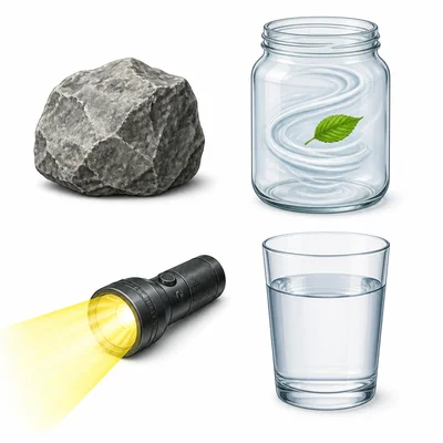 A rock, air in a jar, a beam of light, and a glass of water.