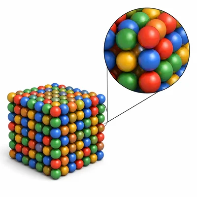 Tiny atom-like spheres fitting together to form a larger object.