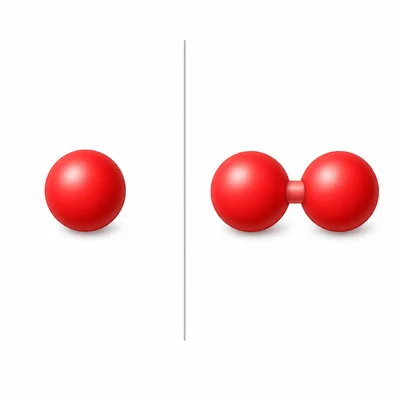 A single atom shown next to two atoms joined together.